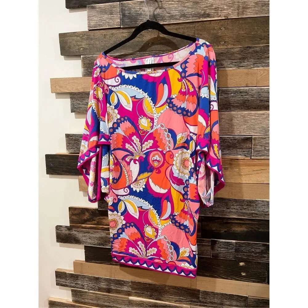 Trina Turk Sevilla Floral Swim Jersey Swimsuit Cover Up Tunic Dress L - Picture 4 of 8